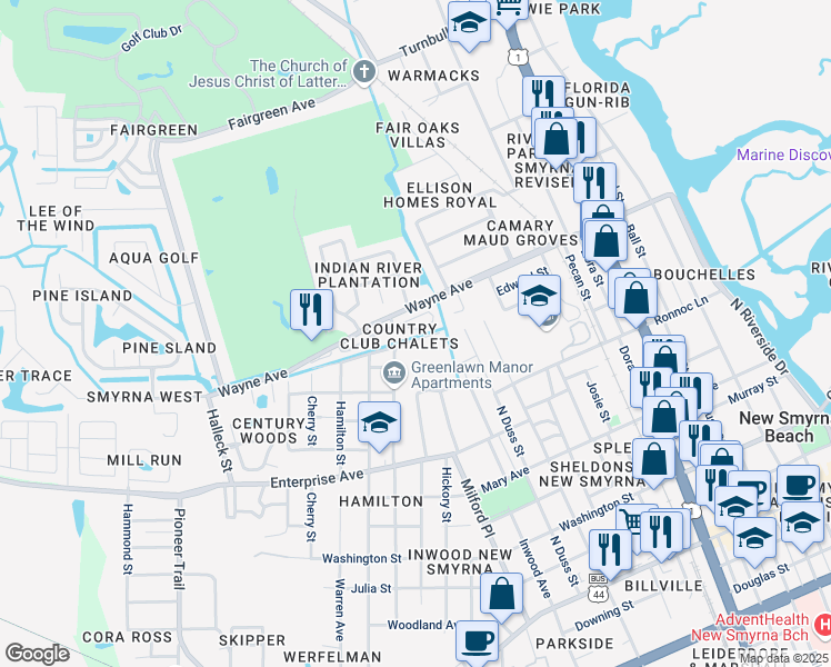 map of restaurants, bars, coffee shops, grocery stores, and more near 6 Lynn Court in New Smyrna Beach