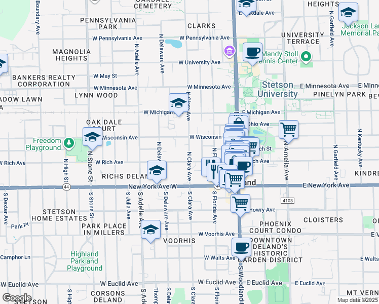 map of restaurants, bars, coffee shops, grocery stores, and more near 227 North Clara Avenue in DeLand