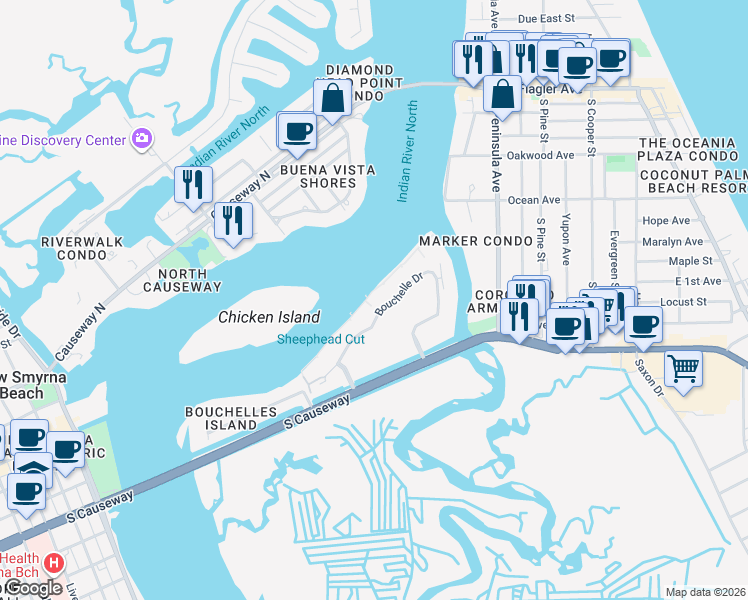 map of restaurants, bars, coffee shops, grocery stores, and more near 450 Bouchelle Drive in New Smyrna Beach