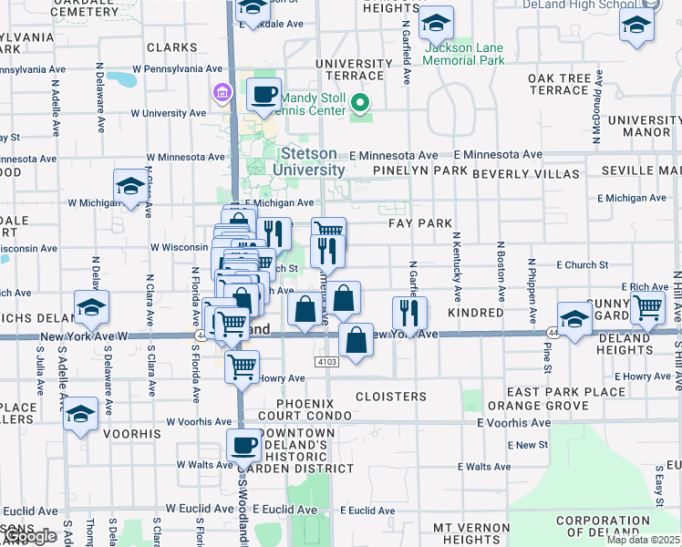map of restaurants, bars, coffee shops, grocery stores, and more near 306 East Church Street in DeLand