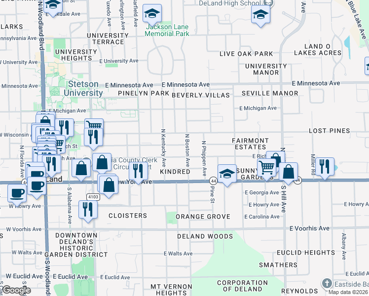 map of restaurants, bars, coffee shops, grocery stores, and more near 243 North Boston Avenue in DeLand