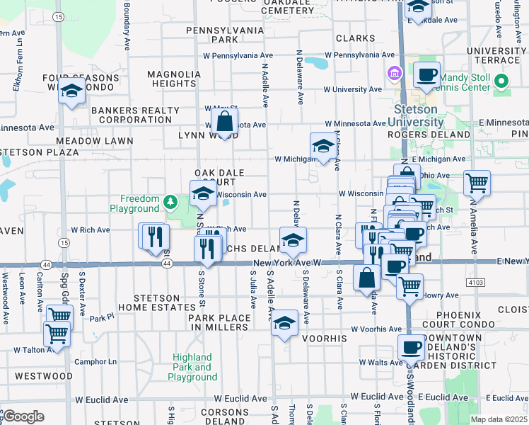 map of restaurants, bars, coffee shops, grocery stores, and more near 228 North Adelle Avenue in DeLand