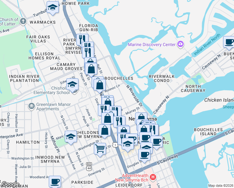 map of restaurants, bars, coffee shops, grocery stores, and more near 536 Faulkner Street in New Smyrna Beach