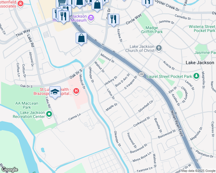 map of restaurants, bars, coffee shops, grocery stores, and more near 203 Hickory Street in Lake Jackson