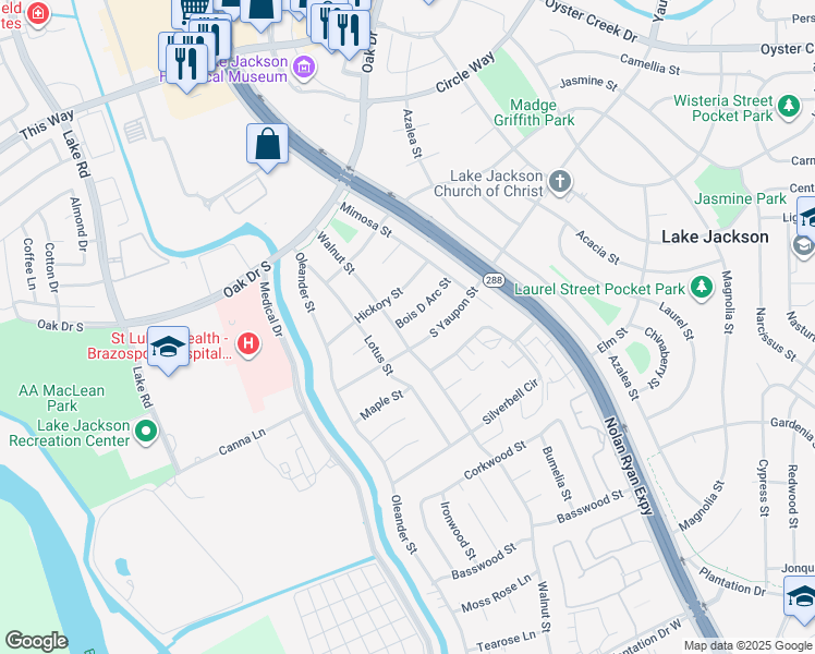 map of restaurants, bars, coffee shops, grocery stores, and more near 123 Bois D Arc Street in Lake Jackson