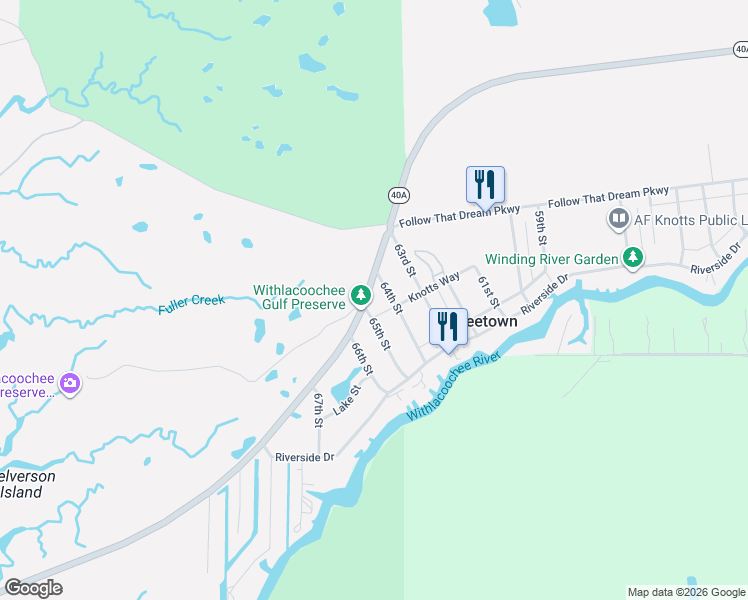 map of restaurants, bars, coffee shops, grocery stores, and more near 6405 Highway 40 West in Yankeetown