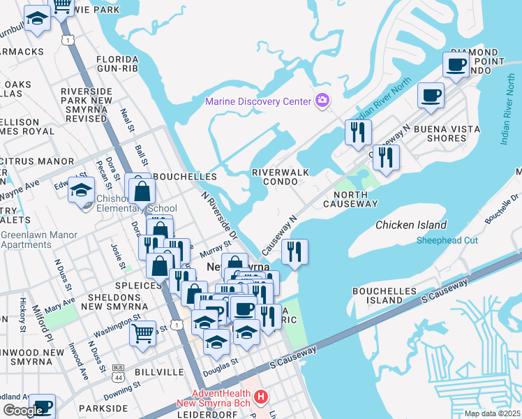 map of restaurants, bars, coffee shops, grocery stores, and more near 103 North Causeway in New Smyrna Beach
