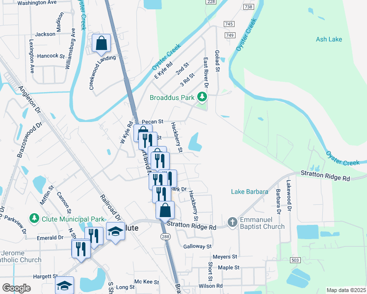 map of restaurants, bars, coffee shops, grocery stores, and more near 617 Hackberry Street in Clute