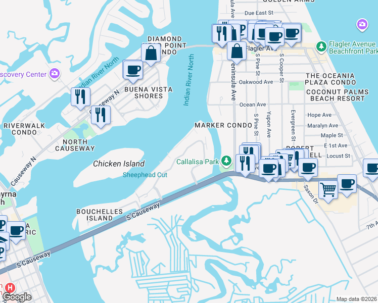 map of restaurants, bars, coffee shops, grocery stores, and more near 443 Bouchelle Drive in New Smyrna Beach