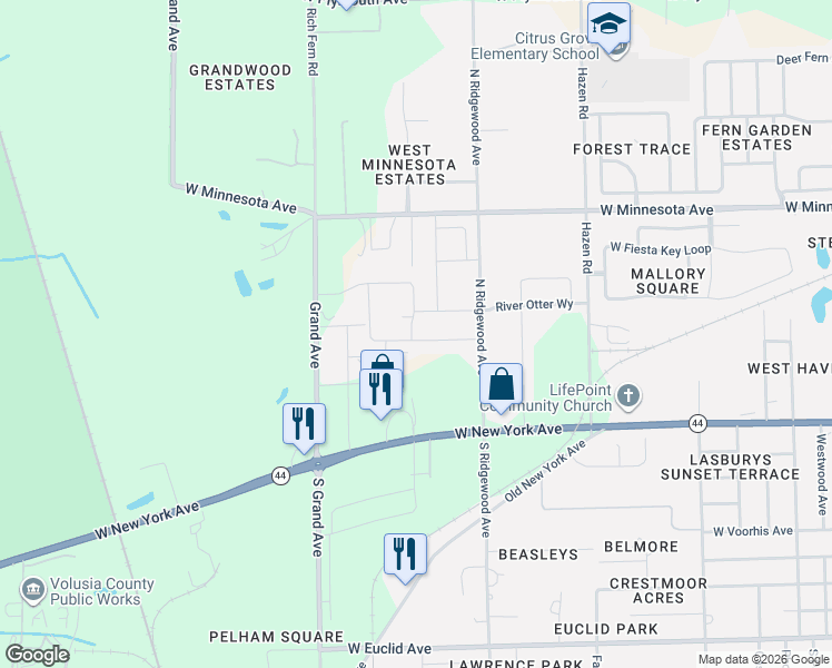map of restaurants, bars, coffee shops, grocery stores, and more near 210 North Ridgewood Avenue in DeLand