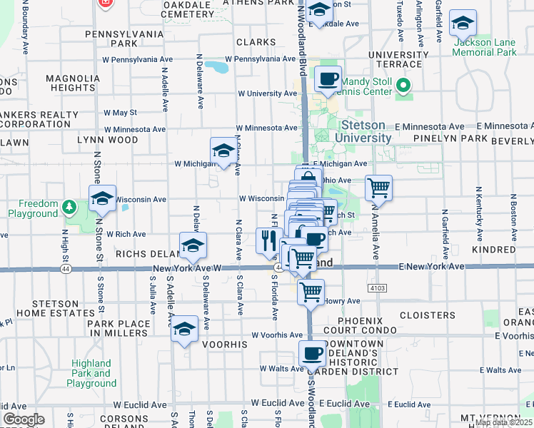 map of restaurants, bars, coffee shops, grocery stores, and more near 210 Luella Court in DeLand