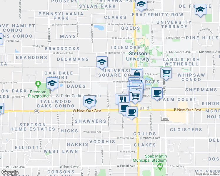 map of restaurants, bars, coffee shops, grocery stores, and more near 227 North Clara Avenue in DeLand