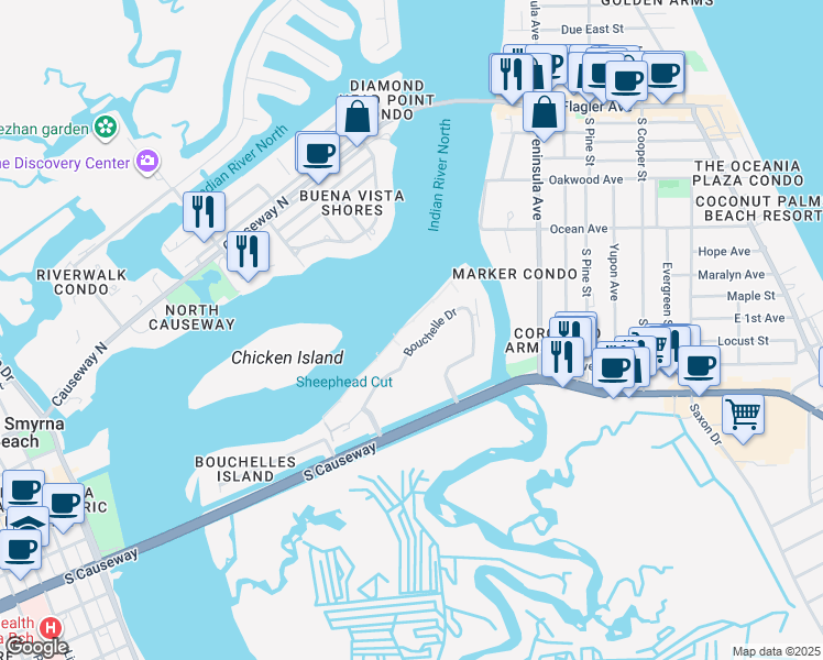 map of restaurants, bars, coffee shops, grocery stores, and more near 446 Bouchelle Drive in New Smyrna Beach