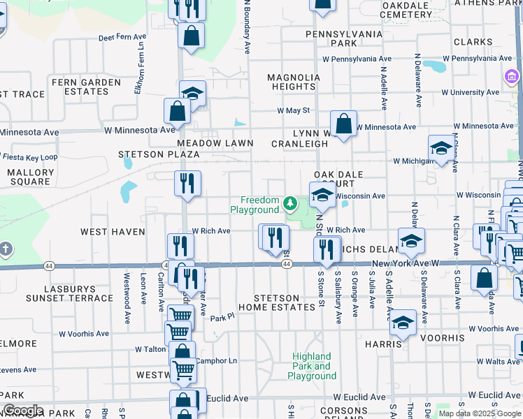 map of restaurants, bars, coffee shops, grocery stores, and more near 819 West Church Street in DeLand
