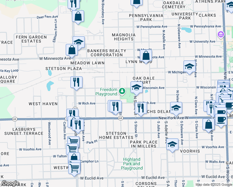 map of restaurants, bars, coffee shops, grocery stores, and more near 811 West Church Street in DeLand
