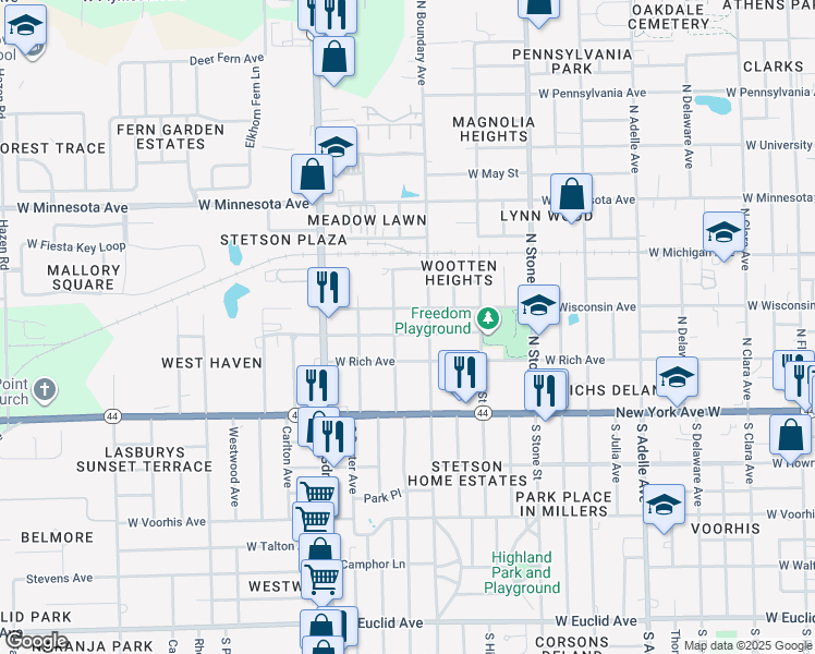 map of restaurants, bars, coffee shops, grocery stores, and more near 907 West Church Street in DeLand