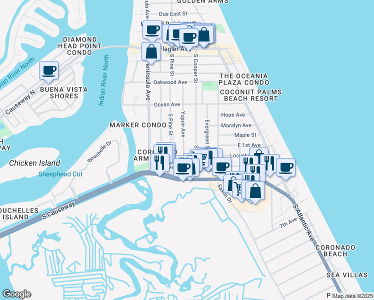 map of restaurants, bars, coffee shops, grocery stores, and more near 637 Yupon Avenue in New Smyrna Beach