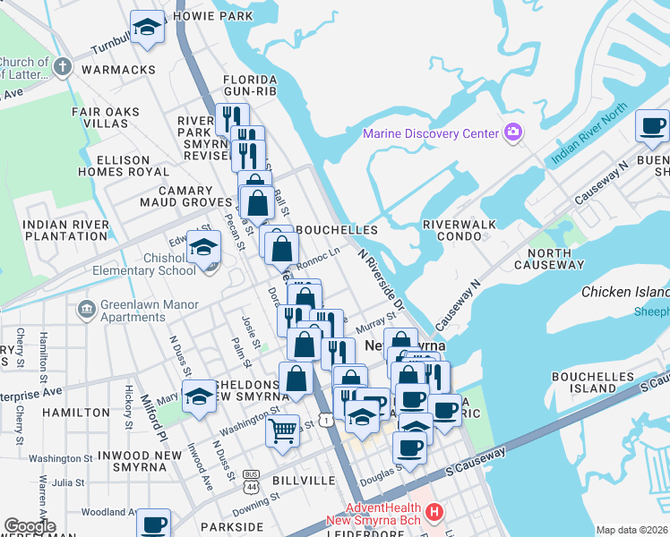map of restaurants, bars, coffee shops, grocery stores, and more near 536 Faulkner Street in New Smyrna Beach