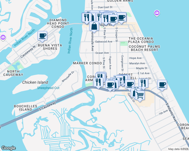 map of restaurants, bars, coffee shops, grocery stores, and more near 535 South Peninsula Avenue in New Smyrna Beach