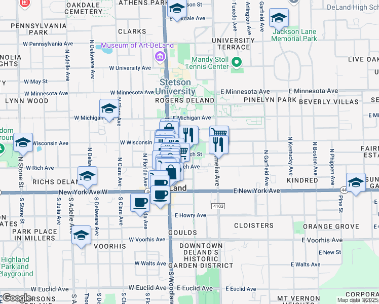 map of restaurants, bars, coffee shops, grocery stores, and more near DeLand Greenway in DeLand