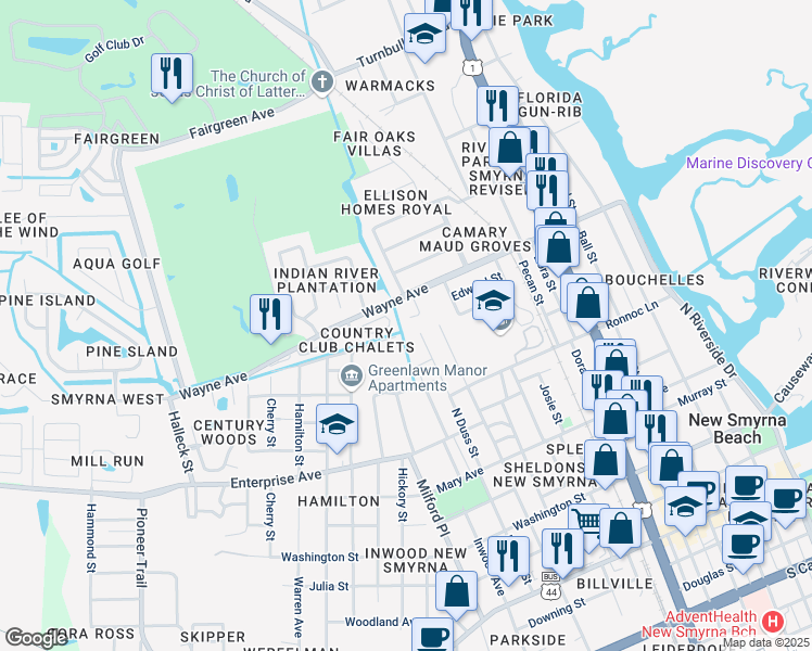 map of restaurants, bars, coffee shops, grocery stores, and more near 6 Lynn Court in New Smyrna Beach