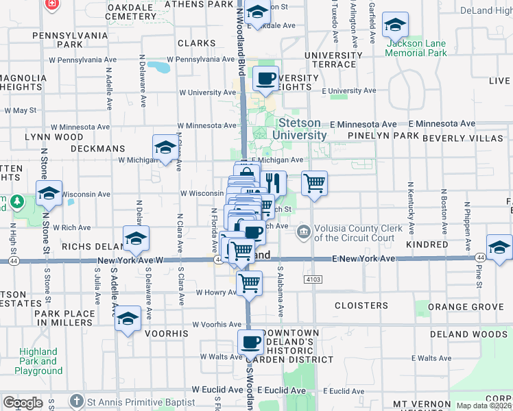 map of restaurants, bars, coffee shops, grocery stores, and more near 105 East Church Street in DeLand