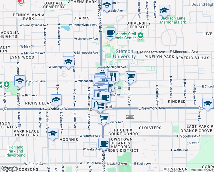 map of restaurants, bars, coffee shops, grocery stores, and more near 105 East Church Street in DeLand