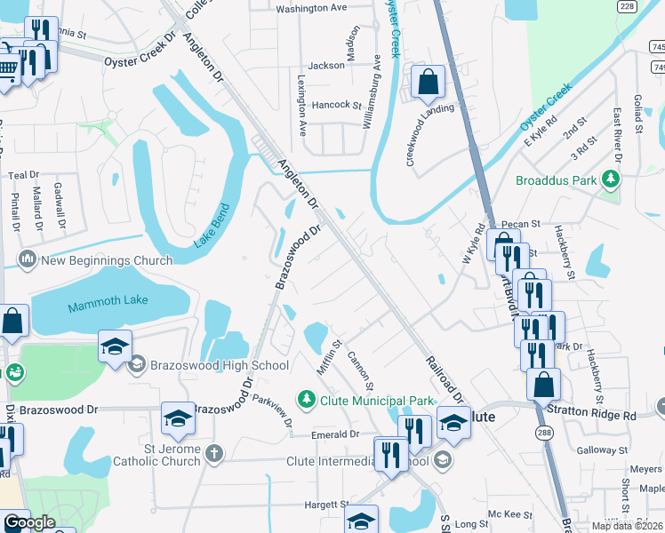 map of restaurants, bars, coffee shops, grocery stores, and more near 530 James St in Clute