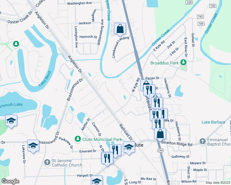 map of restaurants, bars, coffee shops, grocery stores, and more near 751 Saint Anne Street in Clute