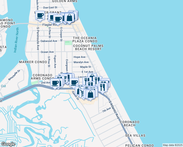 map of restaurants, bars, coffee shops, grocery stores, and more near 919 East 1st Avenue in New Smyrna Beach