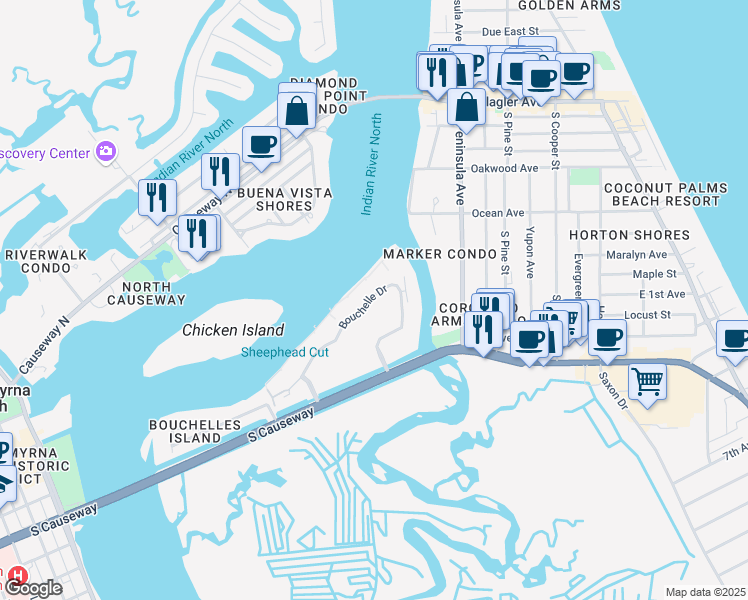 map of restaurants, bars, coffee shops, grocery stores, and more near 446 Bouchelle Drive in New Smyrna Beach