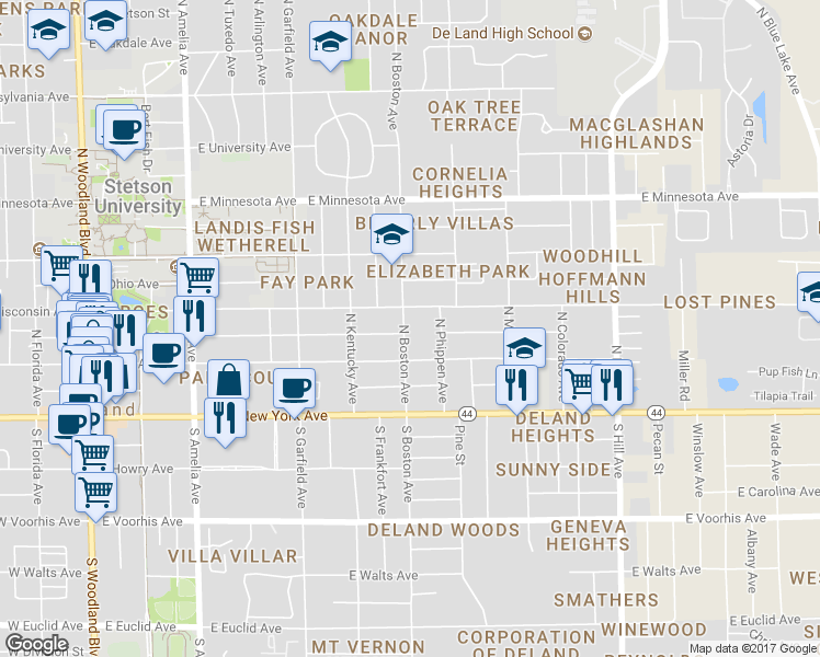 map of restaurants, bars, coffee shops, grocery stores, and more near 243 North Boston Avenue in DeLand
