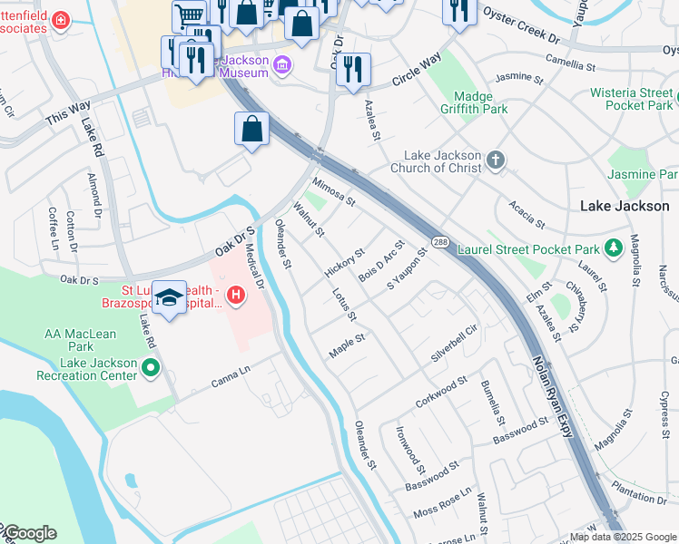 map of restaurants, bars, coffee shops, grocery stores, and more near 203 Hickory Street in Lake Jackson