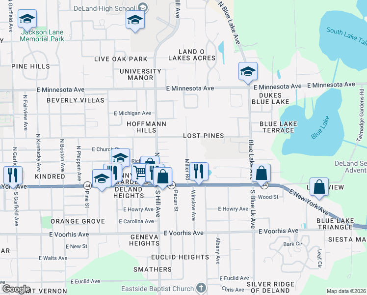 map of restaurants, bars, coffee shops, grocery stores, and more near 240 Miller Road in DeLand