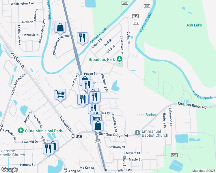 map of restaurants, bars, coffee shops, grocery stores, and more near 617 Hackberry Street in Clute