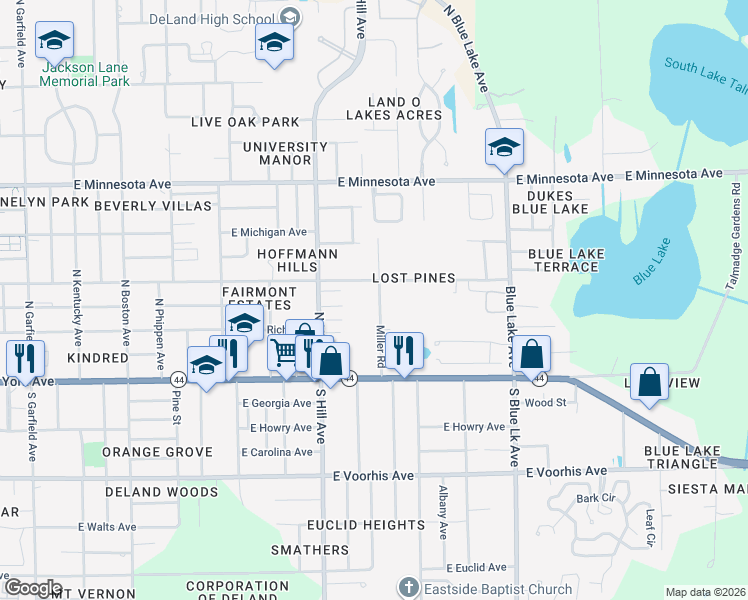 map of restaurants, bars, coffee shops, grocery stores, and more near 240 Miller Road in DeLand