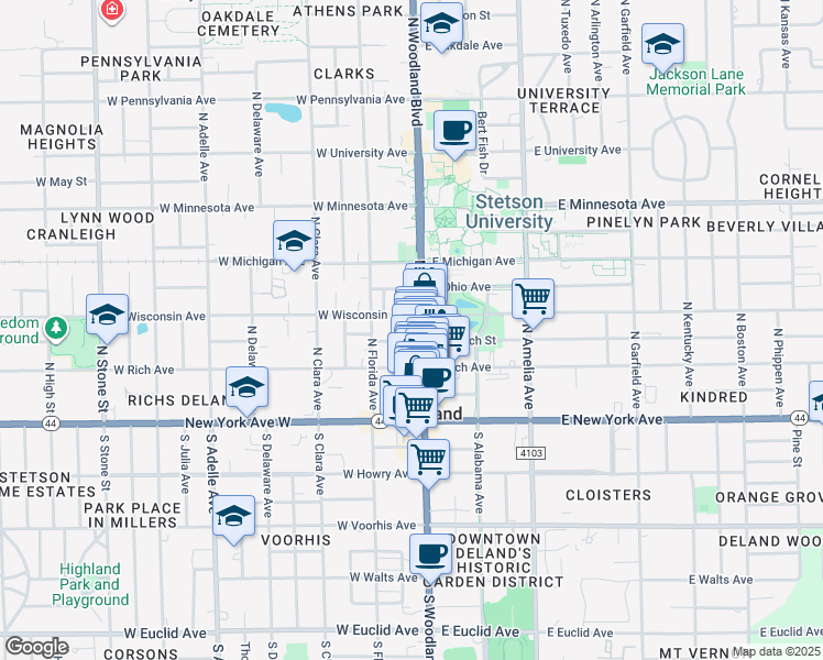 map of restaurants, bars, coffee shops, grocery stores, and more near 230 North Woodland Boulevard in DeLand