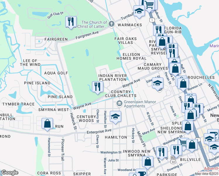 map of restaurants, bars, coffee shops, grocery stores, and more near 1 Fairway Circle in New Smyrna Beach