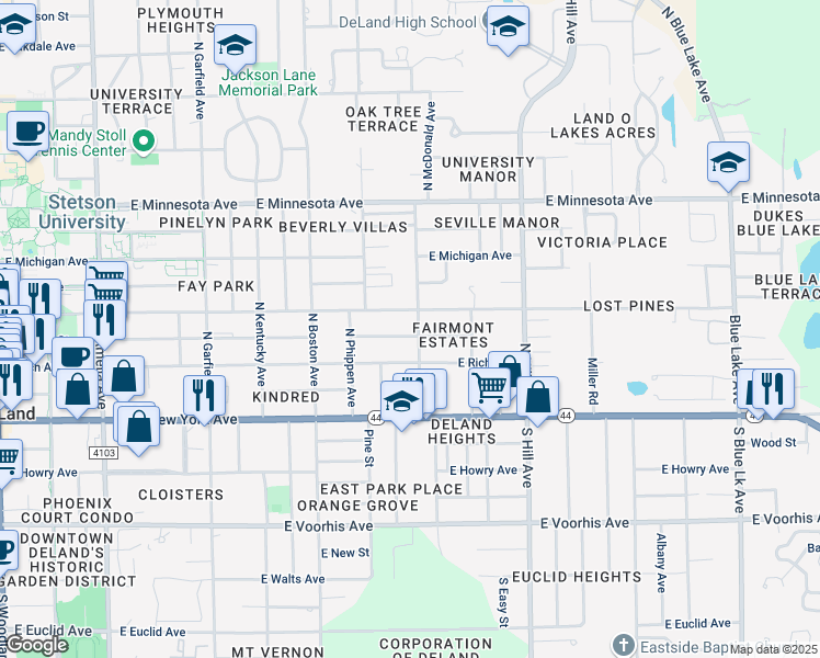 map of restaurants, bars, coffee shops, grocery stores, and more near 855 East Church Street in DeLand
