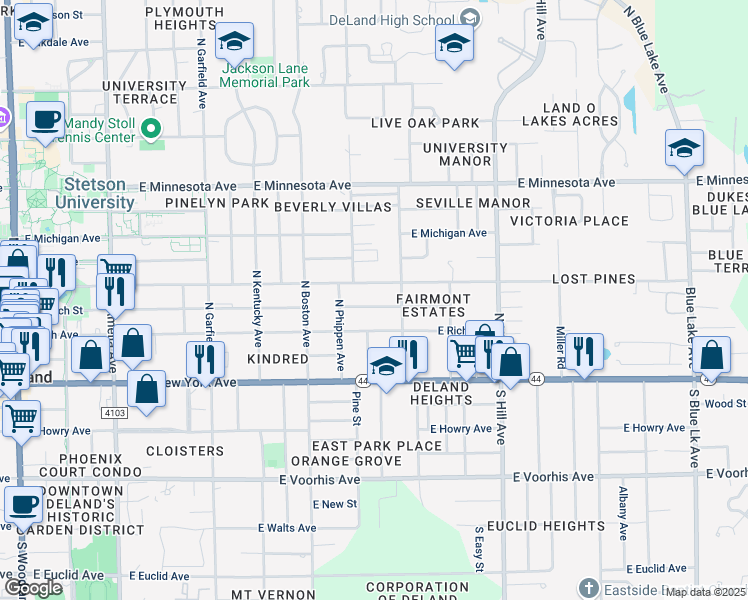 map of restaurants, bars, coffee shops, grocery stores, and more near 855 East Church Street in DeLand