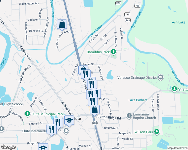 map of restaurants, bars, coffee shops, grocery stores, and more near 1149 Ash Street in Clute
