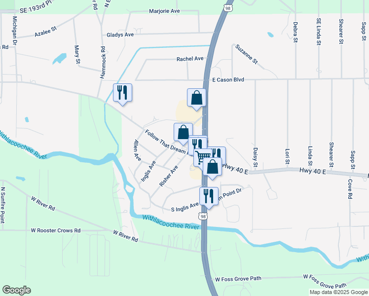 map of restaurants, bars, coffee shops, grocery stores, and more near 39 Highway 40 West in Inglis