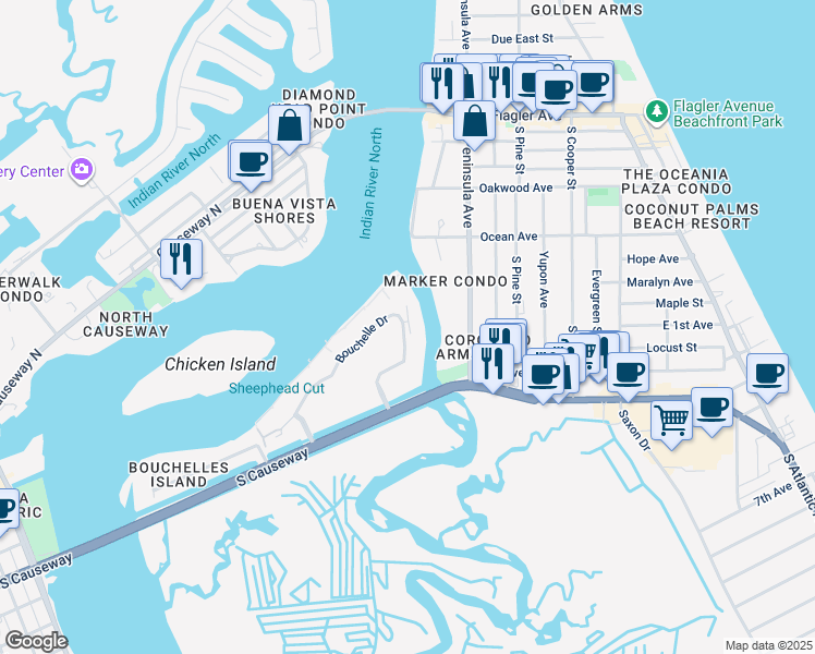 map of restaurants, bars, coffee shops, grocery stores, and more near 434 Bouchelle Drive in New Smyrna Beach