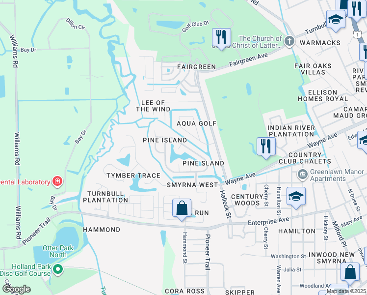 map of restaurants, bars, coffee shops, grocery stores, and more near 753 Pine Shores Circle in New Smyrna Beach