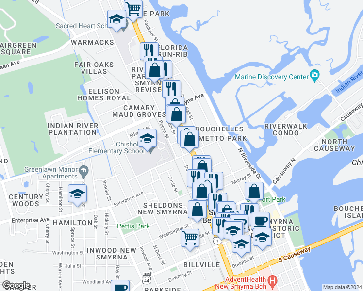 map of restaurants, bars, coffee shops, grocery stores, and more near 605 Dora Street in New Smyrna Beach