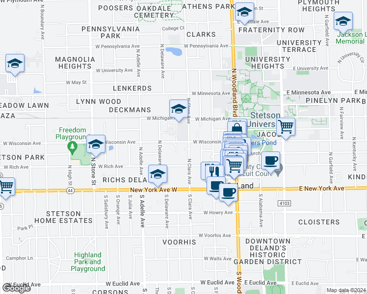 map of restaurants, bars, coffee shops, grocery stores, and more near 227 North Clara Avenue in DeLand