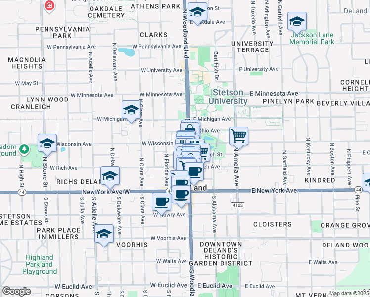 map of restaurants, bars, coffee shops, grocery stores, and more near 230 North Woodland Boulevard in DeLand