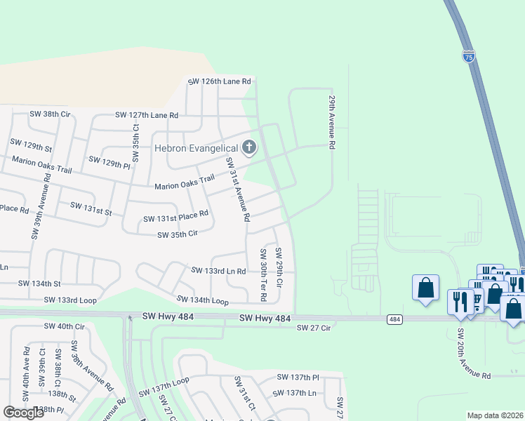 map of restaurants, bars, coffee shops, grocery stores, and more near 13100-13162 Southwest 131st Street in Ocala