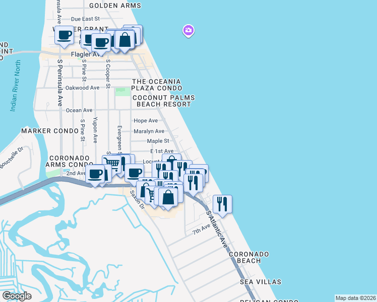 map of restaurants, bars, coffee shops, grocery stores, and more near 1105 South Atlantic Avenue in New Smyrna Beach