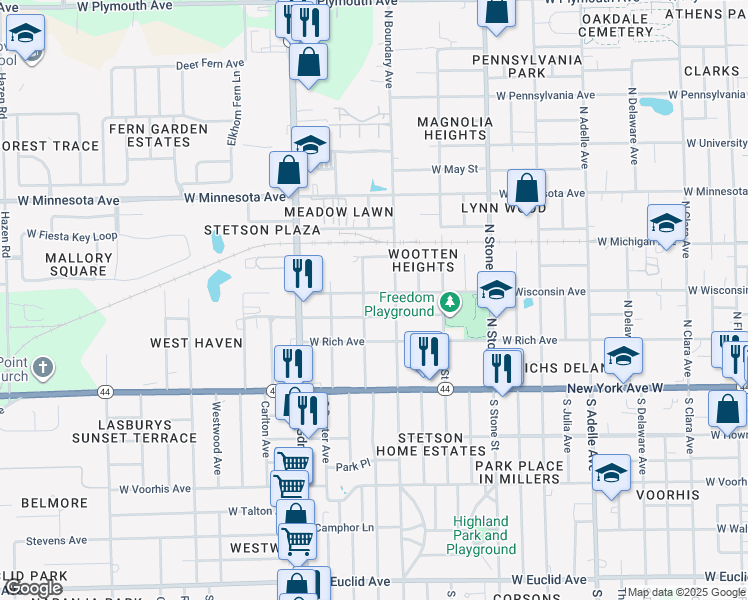 map of restaurants, bars, coffee shops, grocery stores, and more near 907 West Church Street in DeLand